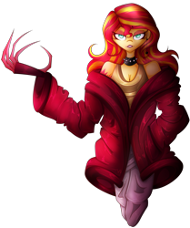 Size: 2061x2465 | Tagged: safe, artist:mywasasi, sunset shimmer, equestria girls, g4, breasts, choker, claw, claws, cleavage, clothes, coat, ear piercing, earring, eyeshadow, high res, implied sunset satan, jewelry, lipstick, makeup, piercing, seductive look, shoulderless, simple background, solo, transparent background