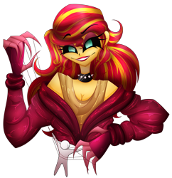 Size: 2659x2748 | Tagged: safe, artist:mywasasi, sunset shimmer, equestria girls, g4, black sclera, breasts, choker, claws, cleavage, clothes, coat, eyeshadow, grin, high res, inverted eyes, lipstick, makeup, paper doll, simple background, smiling, solo, string, strings, sunset satan, transparent background