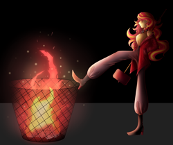Size: 2705x2257 | Tagged: safe, artist:mywasasi, sunset shimmer, equestria girls, g4, boots, burning, choker, clothes, fiery shimmer, fire, hammer, high res, jacket, lipstick, pants, shoes, shoulderless, solo, trash can