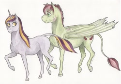 Size: 2941x2032 | Tagged: safe, artist:lady-limule, oc, oc only, bat pony, pony, bat pony oc, bat wings, duo, female, high res, leonine tail, mare, raised hoof, siblings, sisters, traditional art, wings