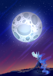 Size: 3360x4800 | Tagged: safe, artist:failissefaily, princess luna, alicorn, pony, g4, butt, ethereal mane, ethereal tail, full moon, glowing horn, horn, magic, moon, moonbutt, plot, praise the moon, raising the moon, solo, wings, wings down