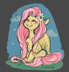 Size: 578x606 | Tagged: safe, artist:purple-blep, fluttershy, pegasus, pony, cute, drawthread, eyes closed, female, flower, flower in hair, heart, mare, shyabetes, sitting, smiling, solo