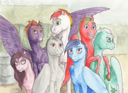 Size: 2967x2154 | Tagged: safe, artist:lady-limule, oc, oc only, oc:blooming star, oc:drizzle, oc:silver fang, pony, angry, colored hooves, female, glasses, grin, high res, male, mare, smiling, spread wings, stallion, traditional art, wings