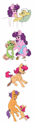 Size: 720x2517 | Tagged: safe, artist:celestial-rainstorm, grand pear, sugar belle, tender taps, oc, oc:chrysanthemum, oc:pippin, earth pony, pony, g4, cute, father and child, father and daughter, female, filly, food, male, muffin, ocbetes, offspring, parent:apple bloom, parent:big macintosh, parent:sugar belle, parent:tender taps, parents:sugarmac, parents:tenderbloom, sugarbetes, sweet dreams fuel