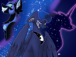 Size: 1024x768 | Tagged: safe, artist:karathepony, nightmare moon, princess luna, tantabus, alicorn, pony, g4, colored pinnae, crying, fangs