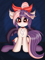 Size: 3475x4634 | Tagged: safe, artist:sethisto, oc, oc only, oc:sweet velvet, bat pony, pony, bow, chest fluff, choker, clothes, cute, disgruntled, female, looking at you, mare, red eyes, sitting, socks, solo