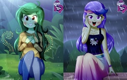 Size: 986x625 | Tagged: safe, artist:the-butch-x, edit, snow flower, wallflower blush, equestria girls, equestria girls specials, g4, let it rain, my little pony equestria girls: better together, my little pony equestria girls: forgotten friendship, my little pony equestria girls: sunset's backstage pass, background human, butch's hello, clothes, cute, equestria girls logo, female, flowerbetes, headband, hello, looking at you, midriff, rain, siblings, sisters, sleeveless, smiling, striped sweater, sweater, sweet dreams fuel, tank top, wallflower and plants