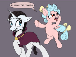 Size: 3995x3000 | Tagged: safe, artist:xbi, chancellor neighsay, cozy glow, pegasus, pony, unicorn, g4, accusation, belly, blatant lies, cookie thief, dialogue, duo, female, filly, flying, gray background, high res, male, pure concentrated unfiltered evil of the utmost potency, pure unfiltered evil, simple background, stallion, tabun art-battle finished after