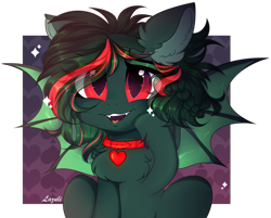 Size: 3800x3050 | Tagged: safe, artist:mint-light, oc, oc only, bat pony, pony, bat pony oc, bat wings, cheek squish, chest fluff, collar, commission, ear fluff, fangs, high res, open mouth, signature, simple background, smiling, solo, spread wings, squishy cheeks, transparent background, wings, ych result