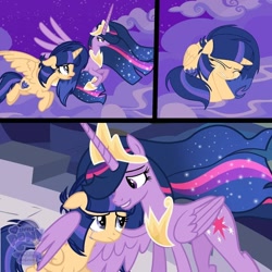 Size: 1080x1080 | Tagged: safe, artist:moonrise-sparkle-293, twilight sparkle, oc, oc:moonrise sparkle, alicorn, pony, g4, my little pony: the movie, princess twilight sparkle (episode), the last problem, comic, crying, fanart, female, hug, mother and child, mother and daughter, offspring, older, older twilight, older twilight sparkle (alicorn), parent:flash sentry, parent:twilight sparkle, parents:flashlight, photo, princess twilight 2.0, twilight sparkle (alicorn), winghug