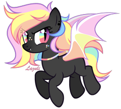 Size: 1490x1340 | Tagged: safe, artist:mint-light, oc, oc only, bat pony, pony, bat pony oc, bat wings, choker, commission, flying, freckles, multicolored hair, rainbow eyes, rainbow hair, signature, simple background, solo, transparent background, vector, wings, ych result