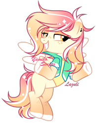 Size: 1844x2368 | Tagged: safe, artist:mint-light, oc, oc only, pegasus, pony, bedroom eyes, clothes, commission, ear piercing, flying, freckles, grin, pegasus oc, piercing, shrug, signature, simple background, smiling, solo, transparent background, wings, ych result