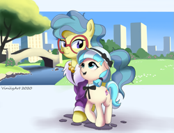 Size: 921x702 | Tagged: safe, artist:vinilyart, charity kindheart, coco pommel, earth pony, pony, g4, made in manehattan, bowtie, cute, duo, female, filly, filly coco pommel, glasses, hat, looking at each other, mare, ribbon bow tie, smiling, younger