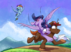 Size: 2000x1456 | Tagged: safe, artist:tsitra360, rainbow dash, twilight sparkle, oc, oc:artsy, alicorn, earth pony, pegasus, pony, g4, commission, crash, facehoof, flying lesson, hat, paper, pencil, rainbow dashs coaching whistle, this will end in pain, twilight sparkle (alicorn), whistle