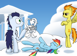 Size: 1486x1080 | Tagged: safe, artist:soks777, lord tirek, rainbow dash, soarin', spitfire, g4, cloud, cloudsdale, female, male, ship:soarindash, shipping, statue, straight