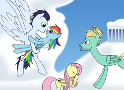 Size: 1486x1080 | Tagged: safe, artist:soks777, fluttershy, rainbow dash, soarin', zephyr breeze, g4, cloudsdale, facehoof, female, holding, male, ship:soarindash, shipping, straight