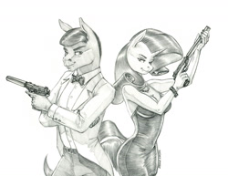 Size: 1400x1078 | Tagged: safe, artist:baron engel, rarity, earth pony, unicorn, anthro, g4, bowtie, breasts, cleavage, clothes, dress, female, grayscale, gun, james bond, jewelry, looking at each other, male, mare, monochrome, necklace, pencil drawing, ponified, sean connery, simple background, spy, stallion, suit, suppressor, traditional art, trigger discipline, walther p5, walther ppk, weapon, white background