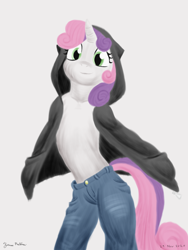 Size: 1800x2400 | Tagged: safe, artist:rockhoppr3, sweetie belle, unicorn, semi-anthro, g4, arm hooves, clothes, hand in pocket, hoodie, hooves in pockets, jeans, looking at you, pants, partial nudity, solo, topless