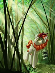 Size: 1280x1707 | Tagged: safe, artist:rocket-lawnchair, autumn blaze, kirin, g4, bamboo, crepuscular rays, female, looking up, scenery, smiling, solo, walking