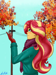 Size: 1500x2000 | Tagged: safe, artist:albertbm, sunset shimmer, equestria girls, g4, autumn leaves, clothes, gloves, leaf, leaves, scarf, snow, snowfall, solo, telephone pole, winter