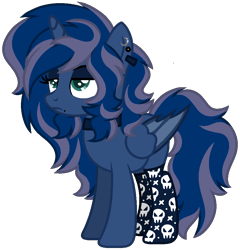 Size: 836x870 | Tagged: safe, artist:calibykitty, oc, oc only, oc:moonlit flight, alicorn, bat pony, bat pony alicorn, pony, icey-verse, alicorn oc, bat pony oc, bat wings, blank flank, choker, clothes, ear piercing, earring, eyeshadow, female, horn, jewelry, lip piercing, magical lesbian spawn, makeup, mare, offspring, parent:oc:elizabat stormfeather, parent:oc:midnight, parents:oc x oc, piercing, simple background, skull, socks, solo, transparent background, wings