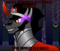 Size: 474x408 | Tagged: safe, edit, king sombra, g4, caption, cruel, cruel and unusual punishment, evil smile, grin, meme, oh god no, smiling, text, why