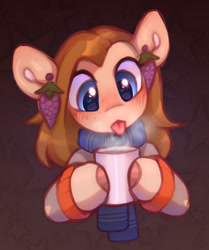 Size: 1072x1280 | Tagged: safe, artist:argigen, oc, oc only, oc:lena, pony, clothes, coffee, coffee mug, ear piercing, earring, grapes, heart eyes, jewelry, mug, piercing, scarf, solo, sweater, tongue out, wingding eyes