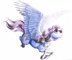 Size: 2903x2453 | Tagged: safe, artist:lady-limule, oc, oc only, pegasus, pony, flying, goggles, high res, pegasus oc, solo, traditional art, wings