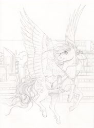 Size: 2418x3303 | Tagged: safe, artist:chasingthesilverstag, artist:lady-limule, derpy hooves, pegasus, pony, g4, collaboration, female, flying, high res, lineart, mare, monochrome, solo, traditional art