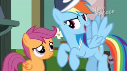 Size: 1920x1080 | Tagged: safe, screencap, rainbow dash, scootaloo, pegasus, pony, flight to the finish, g4, baseball cap, cap, coach rainbow dash, coaching cap, coaching whistle, female, filly, foal, folded wings, hat, hub logo, logo, looking at each other, looking at someone, mare, open mouth, rainbow dashs coaching whistle, spread wings, talking, the hub, whistle, wings