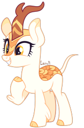 Size: 1521x2304 | Tagged: safe, artist:mint-light, oc, oc only, kirin, bald, base, cloven hooves, eyelashes, grin, hoof on chest, horn, kirin oc, signature, simple background, smiling, solo, standing, three quarter view, transparent background