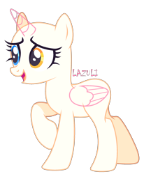 Size: 1896x2304 | Tagged: safe, artist:mint-light, oc, oc only, alicorn, pony, g4, alicorn oc, bald, base, eyelashes, female, heterochromia, horn, mare, open mouth, raised hoof, signature, simple background, smiling, solo, transparent background, transparent horn, transparent wings, wings