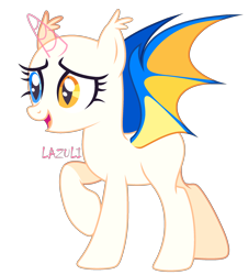 Size: 2086x2304 | Tagged: safe, artist:mint-light, oc, oc only, alicorn, bat pony, bat pony alicorn, pony, g4, alicorn oc, bald, base, bat pony oc, bat wings, eyelashes, female, heterochromia, high res, horn, mare, open mouth, raised hoof, signature, simple background, smiling, solo, transparent background, transparent horn, wings