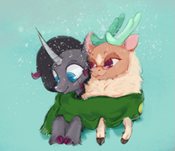 Size: 811x699 | Tagged: safe, anonymous artist, cashmere (tfh), oleander (tfh), classical unicorn, deer, pony, unicorn, them's fightin' herds, awwleander, blushing, cashleander, clothes, cloven hooves, community related, cute, duo, duo female, female, glasses, horn, implied shipping, leonine tail, lesbian, looking down, scarf, shared clothing, shared scarf, sharing, shipping, simple background, smiling, snow, unshorn fetlocks, when she smiles