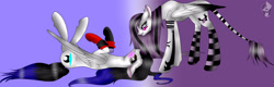 Size: 3734x1200 | Tagged: safe, artist:minelvi, artist:purpleplague30, oc, oc only, pegasus, pony, clothes, collaboration, duo, eyelashes, leonine tail, lying down, on back, pegasus oc, socks, striped socks, wings