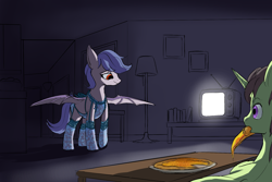 Size: 1500x1000 | Tagged: safe, anonymous artist, oc, oc only, oc:anon stallion, oc:colt anon, oc:nocturnal pike, bat pony, pony, unicorn, fanfic:the long and short of it, anonpony, apron, clothes, dark room, food, pizza, reversed gender roles equestria, reversed gender roles equestria general, spread wings, television, wings