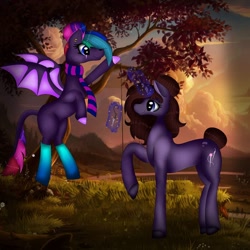 Size: 1080x1080 | Tagged: safe, artist:rxndxm.artist, oc, oc only, bat pony, pony, unicorn, bat pony oc, bat wings, clothes, duo, glowing horn, horn, magic, outdoors, raised hoof, socks, sunset, telekinesis, tree, unicorn oc, wings