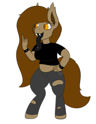 Size: 1668x2150 | Tagged: safe, artist:yannerino, oc, oc only, oc:yan, bat pony, anthro, anthro oc, black tongue, bracelet, clothes, devil horn (gesture), fangs, female, jewelry, long tongue, midriff, pants, piercing, ripped pants, shirt, short shirt, simple background, solo, tongue out, tongue piercing, torn clothes, transparent background