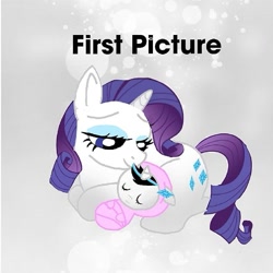 Size: 759x759 | Tagged: safe, artist:rxndxm.artist, rarity, oc, oc:shooting star, pony, unicorn, g4, baby, baby pony, bedroom eyes, eyelashes, eyes closed, female, lying down, mare, prone, sleeping, swaddling