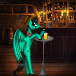 Size: 1080x1080 | Tagged: safe, artist:rxndxm.artist, oc, oc only, pegasus, pony, alcohol, bar, beer, bipedal, cigarette, facial hair, hat, hoof hold, indoors, male, moustache, pegasus oc, smiling, smoking, solo, stallion, wings