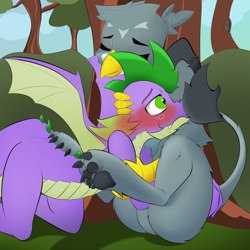Size: 1040x1040 | Tagged: safe, artist:peppertech, gabby, spike, dragon, griffon, g4, boop, cheering up, cuddling, cute, female, fluffy, fluffy griffon, gabbybetes, kneeling, male, paw pads, paws, ship:spabby, shipping, spread wings, straight, toe beans, underpaw, wings