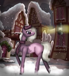 Size: 1080x1186 | Tagged: safe, artist:rxndxm.artist, oc, oc only, earth pony, pony, beret, building, clothes, earth pony oc, hat, lantern, looking back, night, outdoors, raised hoof, scarf, snow, snowfall, solo