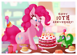 Size: 1280x920 | Tagged: safe, artist:thotdog, gummy, pinkie pie, alligator, pony, mlp fim's tenth anniversary, birthday candles, burger, cake, candle, female, food, happy birthday mlp:fim, hat, hay burger, mare, open mouth, party hat, smiling