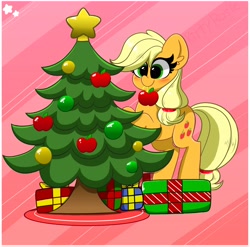 Size: 4096x4049 | Tagged: safe, artist:kittyrosie, applejack, earth pony, pony, g4, blushing, christmas, christmas tree, cute, female, holiday, jackabetes, mare, mouth hold, ornament, present, solo, tree