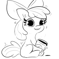 Size: 3000x3000 | Tagged: safe, artist:tjpones, apple bloom, earth pony, pony, g4, black and white, caffeine, coffee, coffee cup, cup, dilated pupils, female, filly, grayscale, high res, monochrome, simple background, sitting, solo, this will end in tree sap, white background, xk-class end-of-the-world scenario