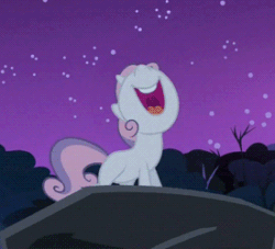 Size: 275x250 | Tagged: safe, screencap, sweetie belle, pony, g4, season 3, sleepless in ponyville, campfire song, cropped, female, filly, gif, night, non-animated gif, nose in the air, open mouth, solo, stars