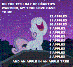 Size: 275x250 | Tagged: safe, edit, edited screencap, screencap, sweetie belle, pony, unicorn, g4, season 3, sleepless in ponyville, campfire song, cropped, female, filly, gif, implied lesbian, implied sweetiebloom, non-animated gif, nose in the air, open mouth, open smile, smiling, solo, twelve days of christmas, volumetric mouth