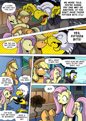 Size: 1204x1700 | Tagged: safe, artist:tarkron, applejack, fluttershy, earth pony, griffon, pegasus, pony, comic:what happens in las pegasus, g4, abuse, applejack's hat, clothes, coat, comic, cowboy hat, crying, faic, faint, freckles, hat, hooves up, hug, nervous, scared, shocked, shrunken pupils, sitting, tears of nervousness, teary eyes, thousand yard stare, train station