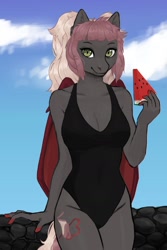 Size: 1024x1536 | Tagged: safe, artist:pewas, oc, oc only, bat pony, anthro, 2018, bat pony oc, bat wings, breasts, cleavage, clothes, cloud, commission, cutie mark, digital art, female, food, looking at you, one-piece swimsuit, sky, smiling, smiling at you, solo, swimsuit, tail, thighs, watermelon, wings, ych result