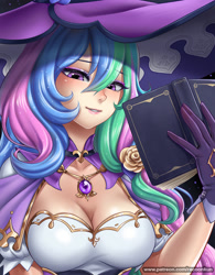 Size: 900x1153 | Tagged: safe, artist:racoonsan, princess celestia, human, g4, book, breasts, bust, cleavage, clothes, cosplay, costume, cute, female, genshin impact, gloves, hat, humanized, jewelry, lisa (genshin impact), necklace, solo, witch hat